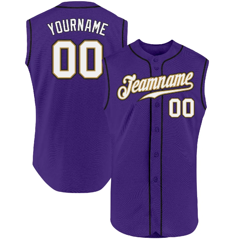 Baseball Jersey for Custom Graphics for Baseball Jerseys-Custom Purple White-Old Gold Authentic Sleeveless Baseball Jersey