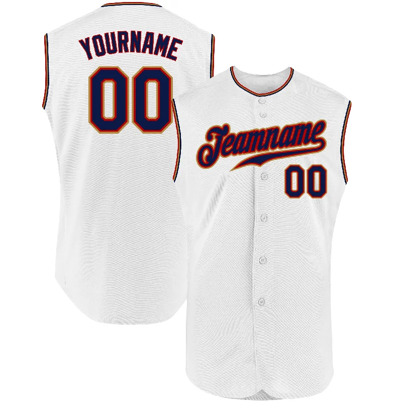 Baseball Jersey for College Baseball Teams-Custom White Navy-Old Gold Authentic Sleeveless Baseball Jersey