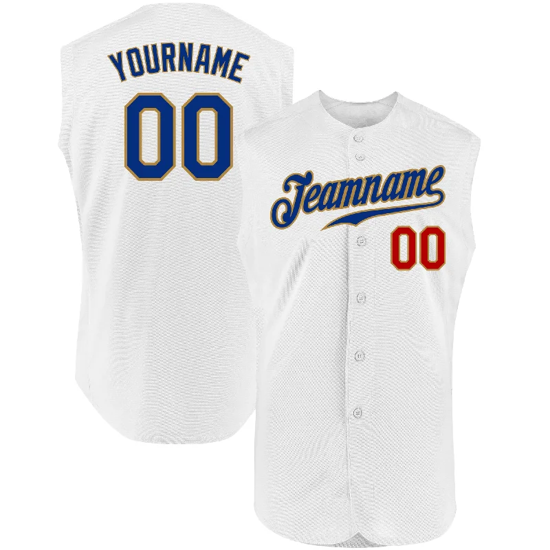 Baseball Jersey for Youth Teams-Custom White Royal-Old Gold Authentic Sleeveless Baseball Jersey