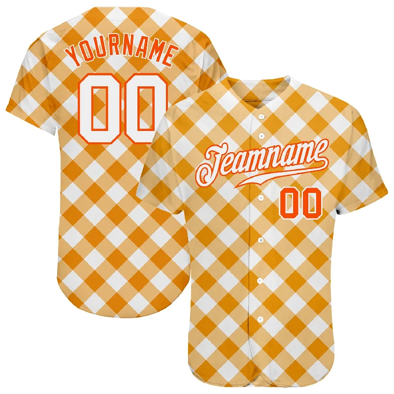 Baseball Jersey for Custom Fan Gear-Custom White White-Orange 3D Pattern Design Orange Plaid Authentic Baseball Jersey