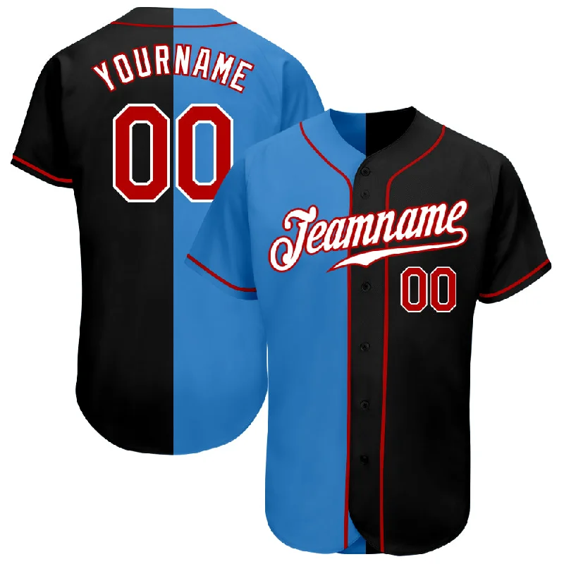 Baseball Jersey for Fan Gear for Baseball Games-Custom Black Red-Powder Blue Authentic Split Fashion Baseball Jersey