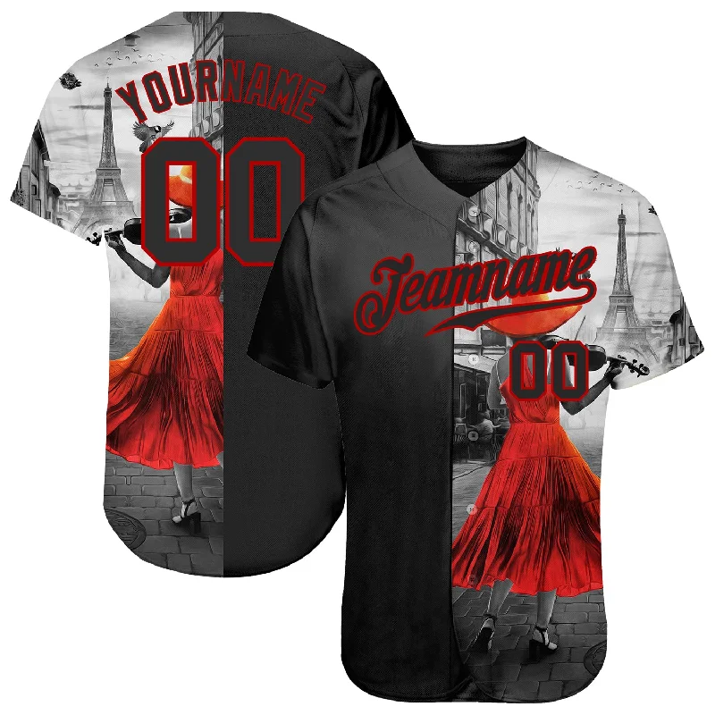 Baseball Jersey for Men’s Baseball-Custom Black Black-Red 3D Pattern Design A Girl With The Eiffel Tower Authentic Baseball Jersey