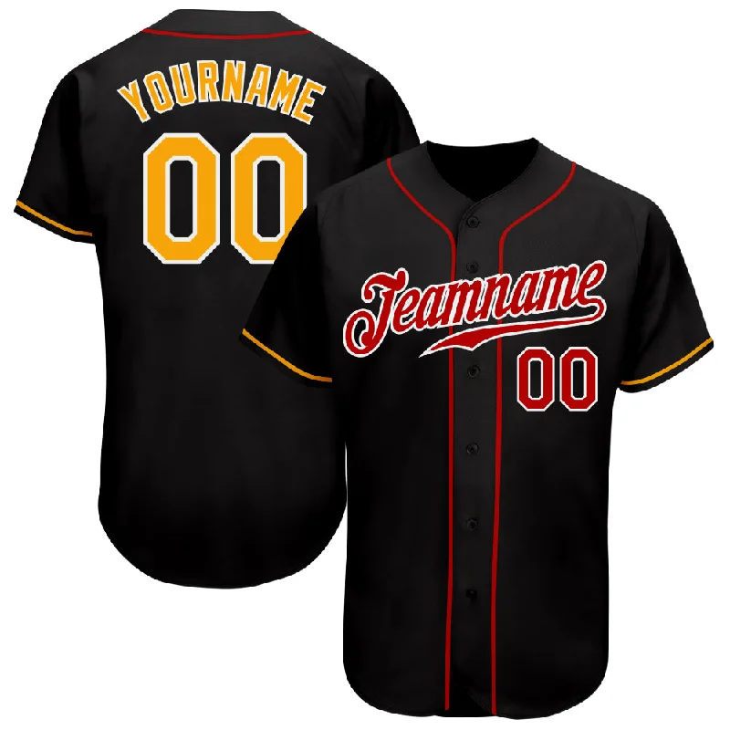 Baseball Jersey for Baseball Fan Apparel-Custom Black Gold-Red Authentic Baseball Jersey