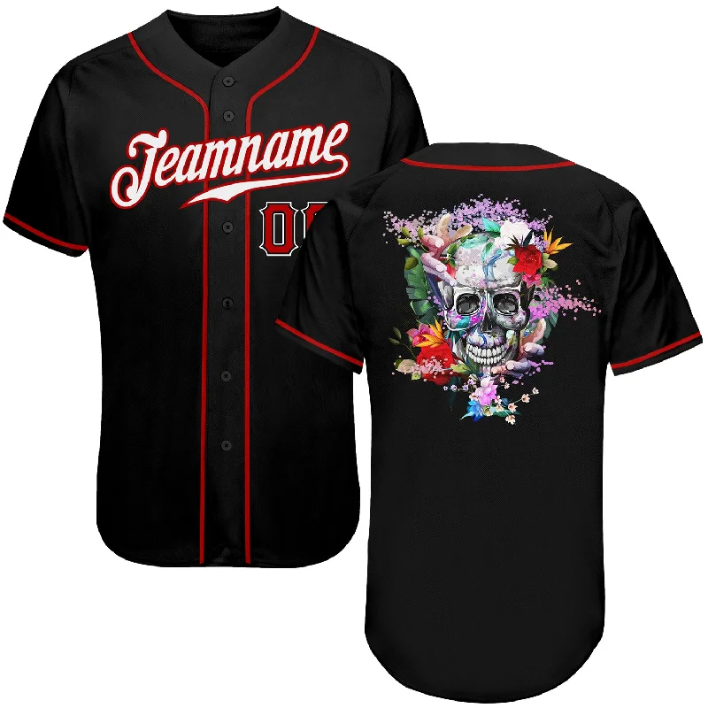 Baseball Jersey for Team Spirit Apparel for Supporters-Custom Black White-Red Authentic Skull Fashion Baseball Jersey