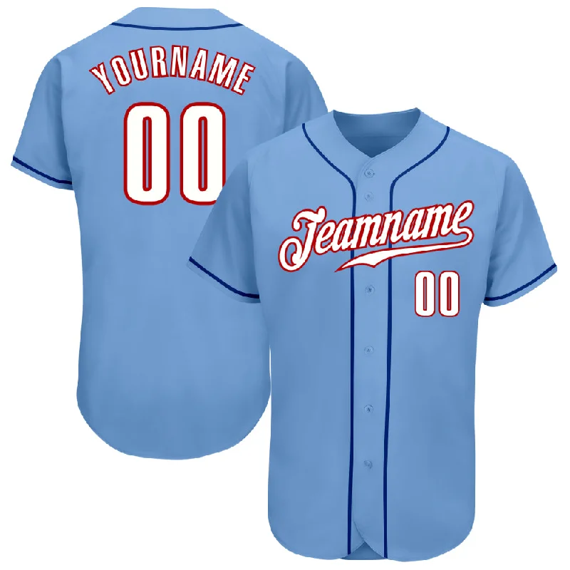 Baseball Jersey for Holiday Gift Ideas for Baseball Fans-Custom Light Blue White-Red Authentic Baseball Jersey