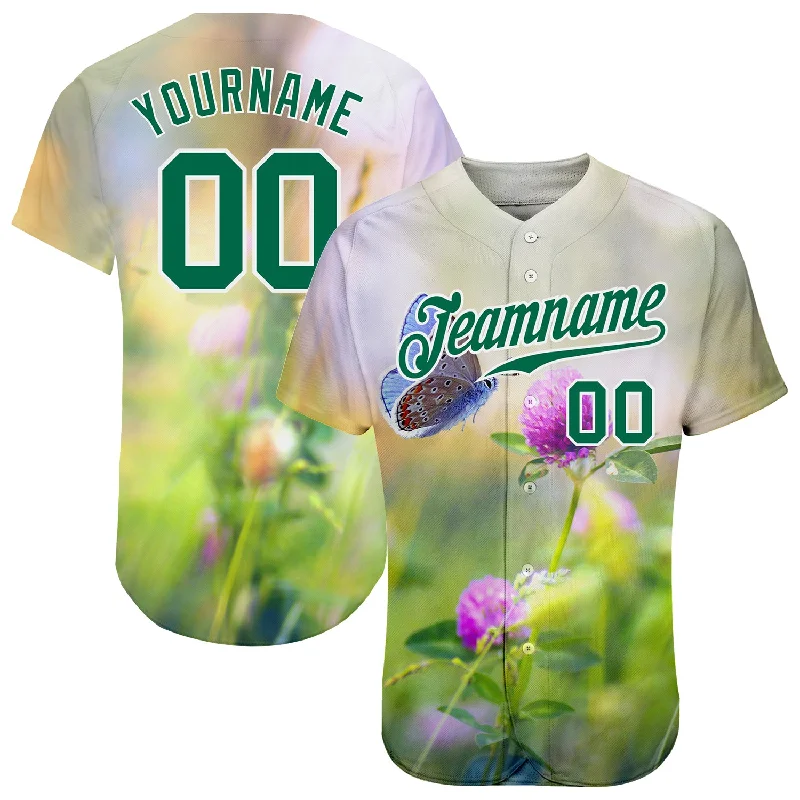 Baseball Jersey for Championship Games-Custom Gray Kelly Green-White 3D Pattern Design Flowers And Butterfly Authentic Baseball Jersey