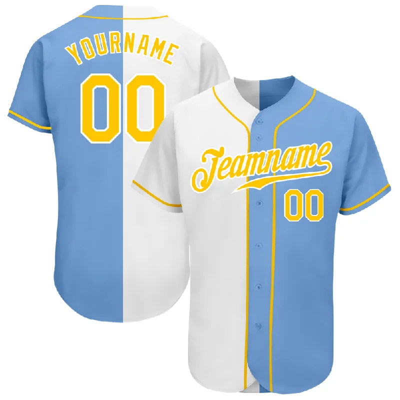 Baseball Jersey for Personalized Baseball Team Wear-Custom Light Blue Gold-White Authentic Split Fashion Baseball Jersey