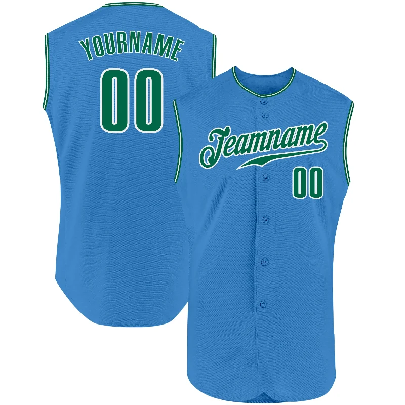 Baseball Jersey for Personalized Fan Apparel for Teams-Custom Powder Blue Kelly Green-White Authentic Sleeveless Baseball Jersey