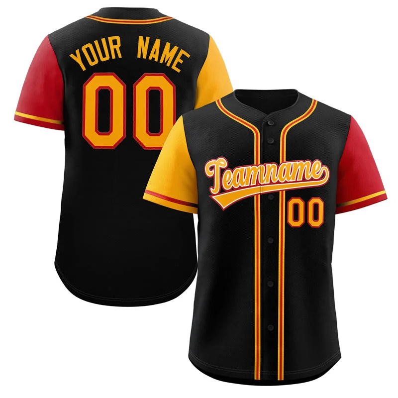 Baseball Jersey for Promotional Baseball Merchandise-Custom Black Yellow-Red Raglan Sleeves Authentic Baseball Jersey