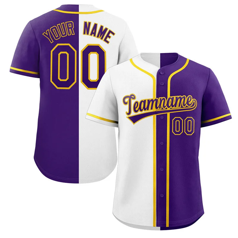 Baseball Jersey for Collector’s Baseball Gear-Custom Purple White-Yellow Split Fashion Authentic Baseball Jersey