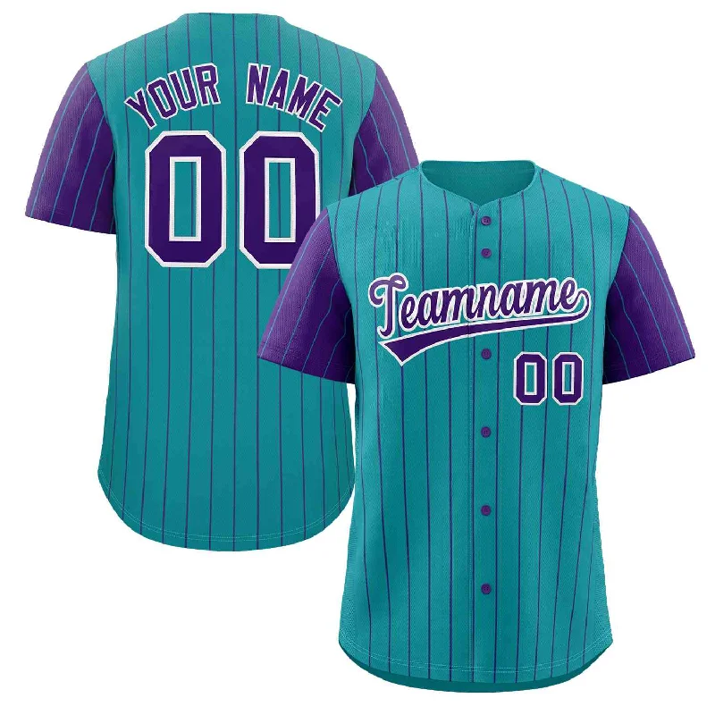 Baseball Jersey for Custom Team Jerseys-Custom Aqua Purple-White Stripe Fashion Raglan Sleeves Authentic Baseball Jersey