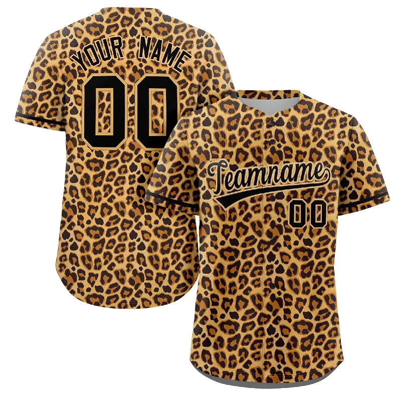 Baseball Jersey for Custom Name Jerseys-Custom Black-Old Gold Leopard Graffiti Pattern Authentic Baseball Jersey