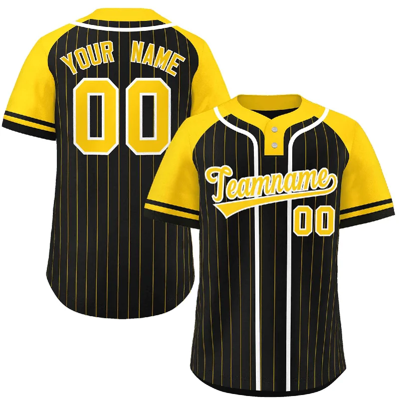 Baseball Jersey for Custom Fan Apparel for Local Teams-Custom Black Gold-White Stripe Fashion Raglan Sleeves Authentic Two-Button Baseball Jersey