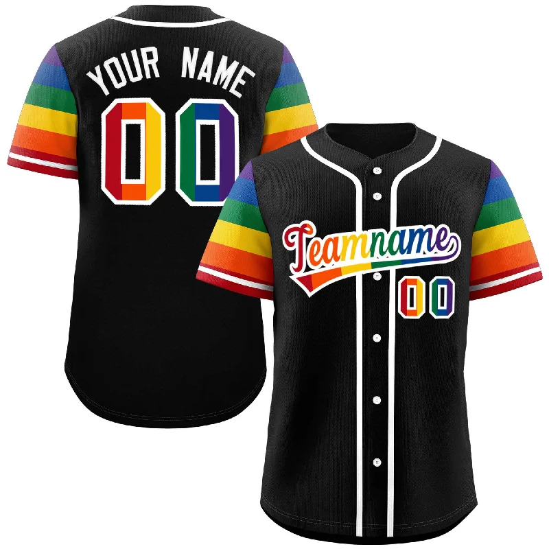 Baseball Jersey for Personalized Jerseys for Local Leagues-Custom Black LGBT Rainbow For Pride Month Raglan Sleeves Authentic Baseball Jersey