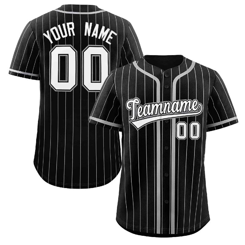 Baseball Jersey for Custom Fan Apparel for Local Teams-Custom Black Light Gray Stripe Fashion Design Full Button Authentic Baseball Jersey