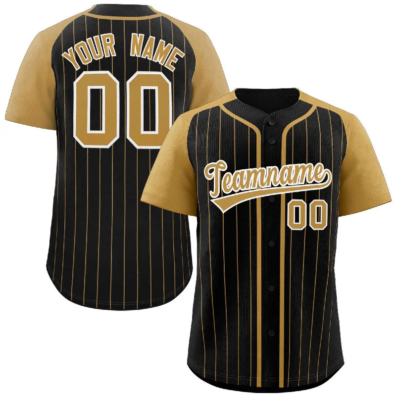 Baseball Jersey for Championship Games-Custom Black Old Gold-White Stripe Fashion Raglan Sleeves Authentic Baseball Jersey