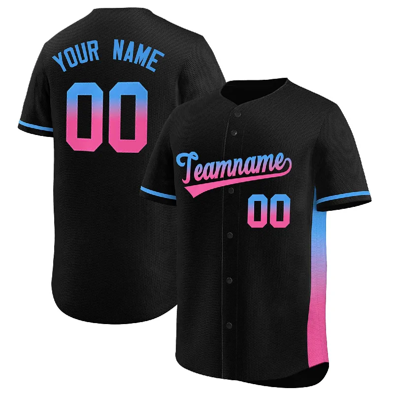 Baseball Jersey for Official Fan Gear-Custom Black Powder Blue-Pink Personalized Gradient Font And Side Design Authentic Baseball Jersey