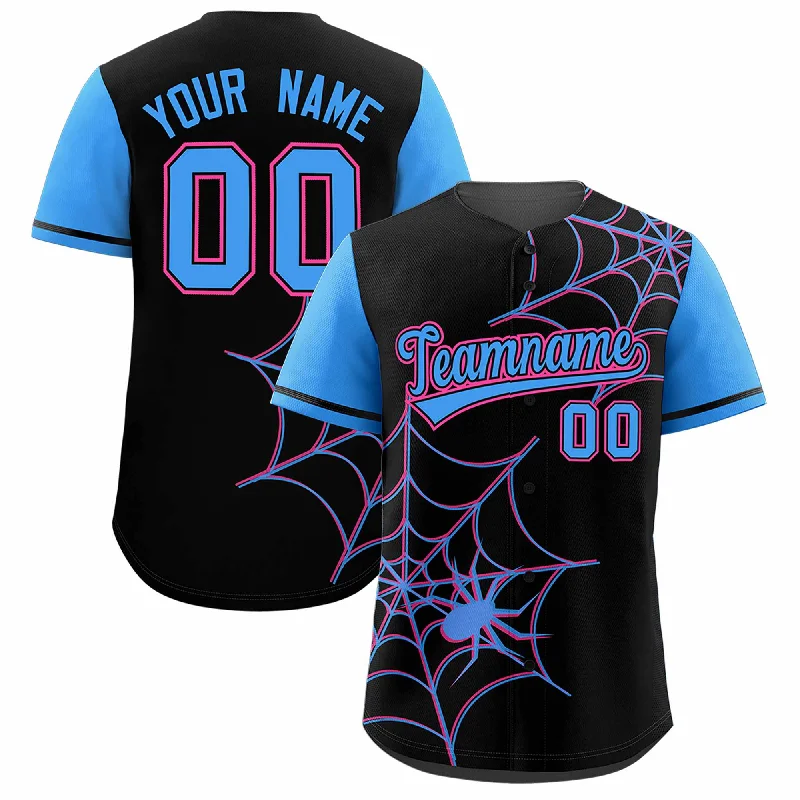 Baseball Jersey for Custom Fan Gear for Competitions-Custom Black Powder Blue Spider Web Pattern Raglan Sleeves Authentic Baseball Jersey