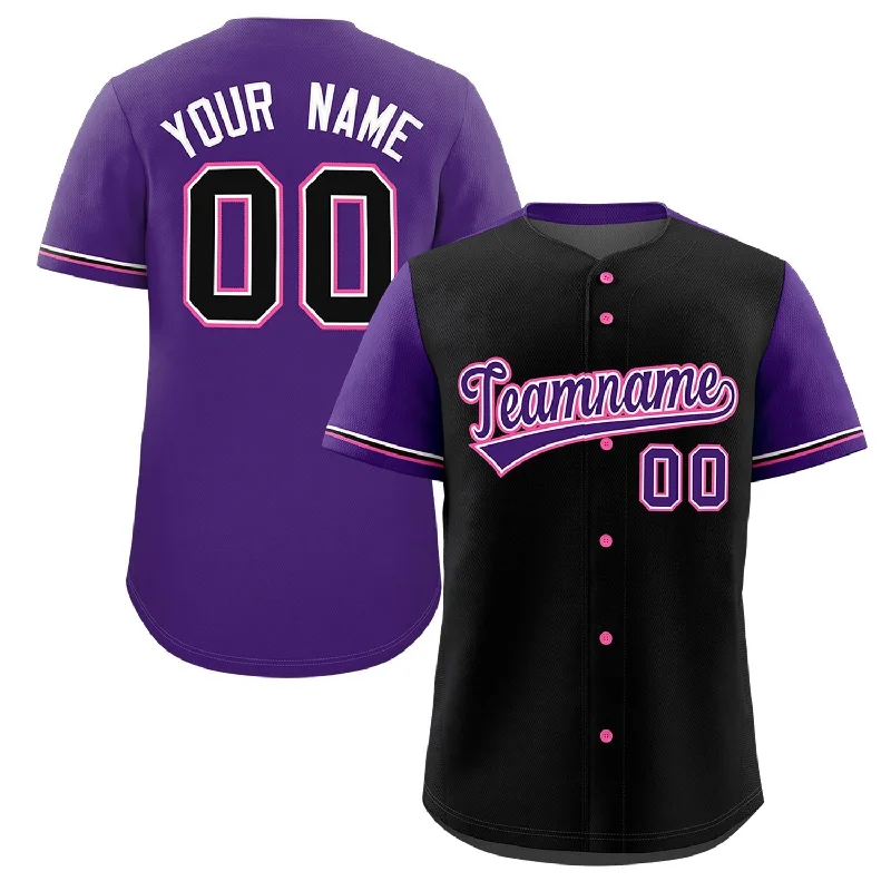 Baseball Jersey for Customized Jerseys for Baseball Leagues-Custom Black Purple Color Block Personalized Raglan Sleeves Authentic Baseball Jersey