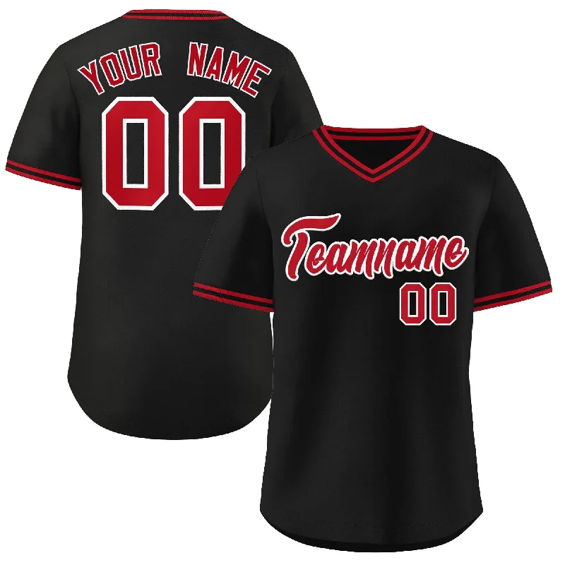 Baseball Jersey for Baseball Fan Apparel-Custom Black Red-Black Classic Style V-Neck Authentic Pullover Baseball Jersey