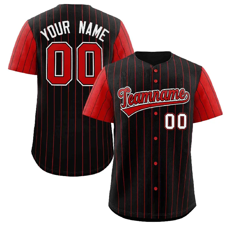 Baseball Jersey for Local Baseball Tournaments-Custom Black Red Stripe Fashion Raglan Sleeves Authentic Baseball Jersey