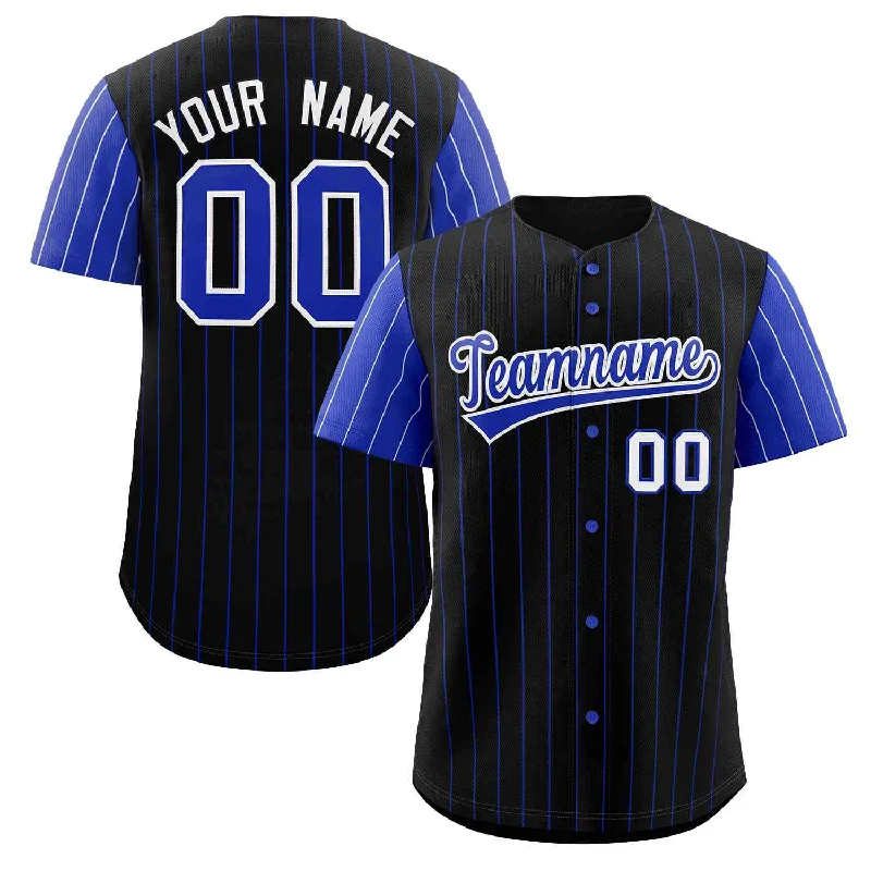 Baseball Jersey for Group Fan Merchandise-Custom Black Royal-White Stripe Fashion Raglan Sleeves Authentic Baseball Jersey