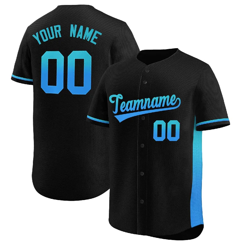 Baseball Jersey for Fun Baseball Apparel for Families-Custom Black Sky Blue-Powder Blue Personalized Gradient Font And Side Design Authentic Baseball Jersey