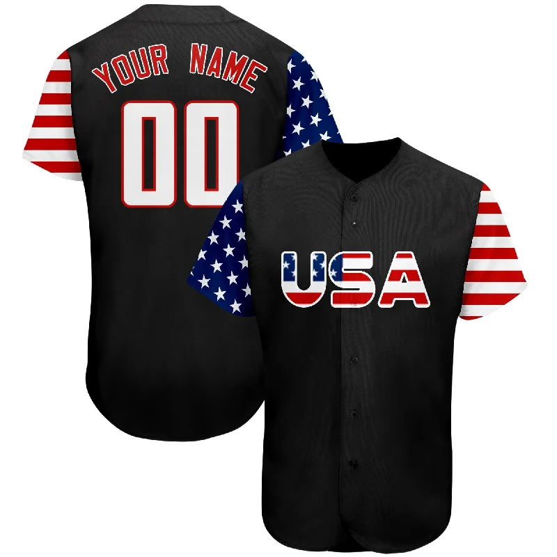 Baseball Jersey for Fan Apparel for College Teams-Custom Black White-Red American Flag Authentic Baseball Jersey