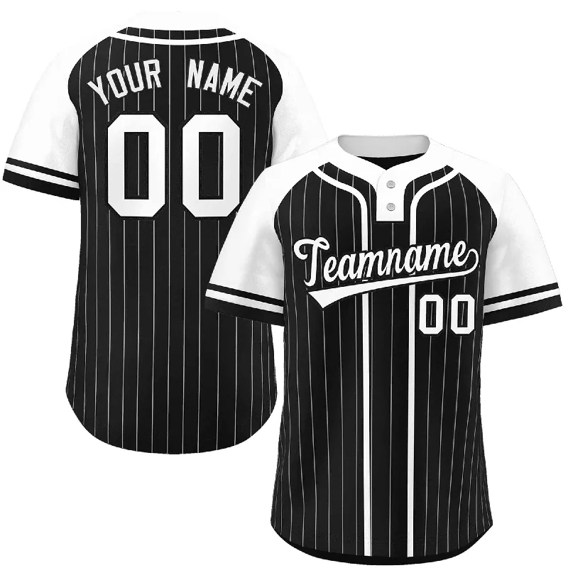 Baseball Jersey for Limited Edition Fan Gear-Custom Black White Stripe Fashion Raglan Sleeves Authentic Two-Button Baseball Jersey