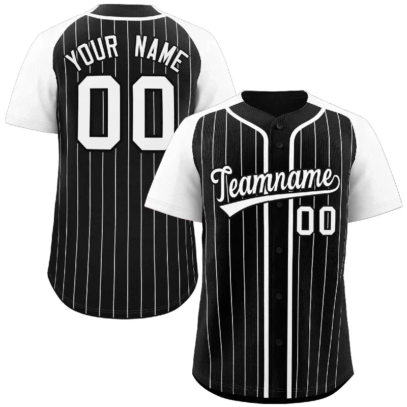 Baseball Jersey for Custom Fan Merchandise for Schools-Custom Black White Stripe Fashion Raglan Sleeves Authentic Baseball Jersey