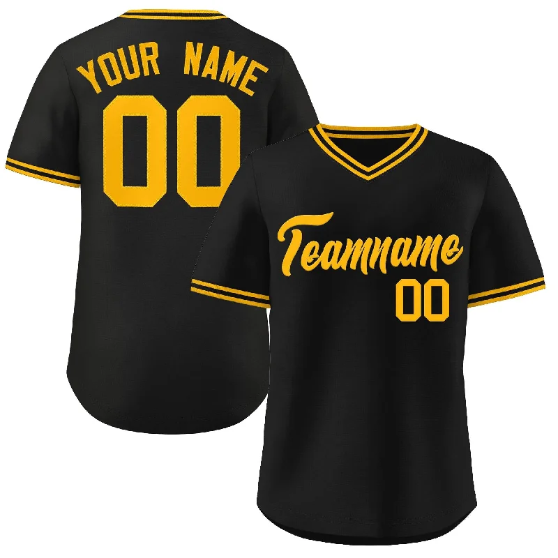 Baseball Jersey for Sports Fundraisers-Custom Black Yellow Classic Style V-Neck Authentic Pullover Baseball Jersey