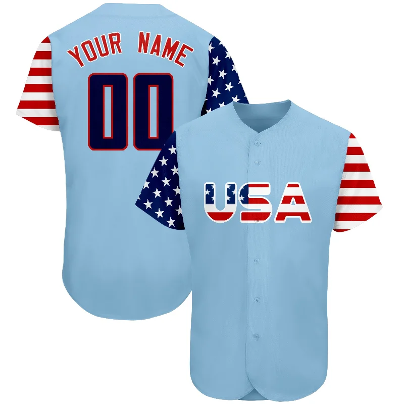 Baseball Jersey for Casual Wear-Custom Light Blue Navy-Red American Flag Authentic Baseball Jersey