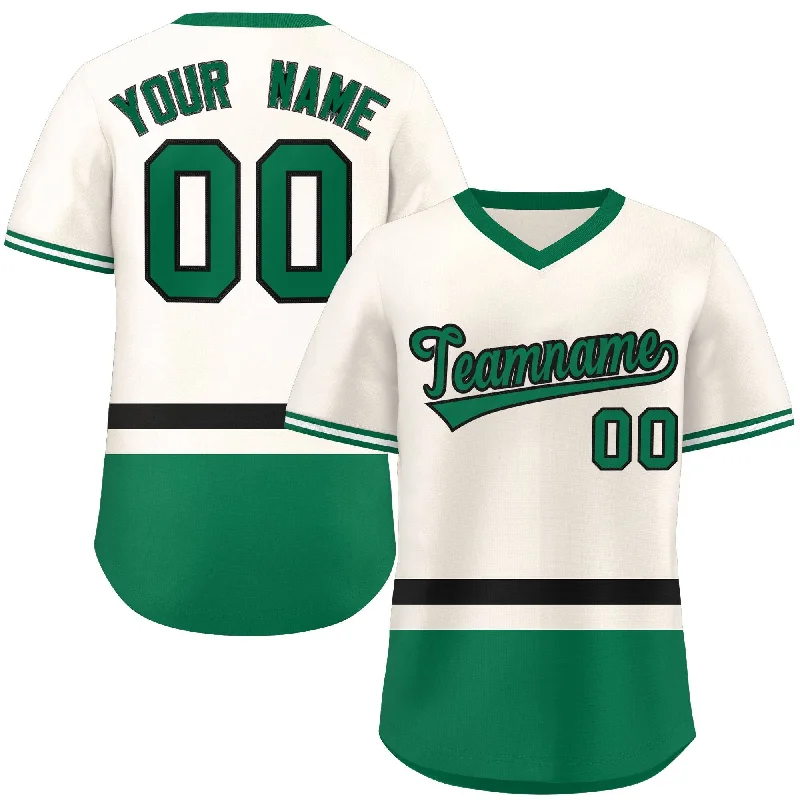 Baseball Jersey for Baseball Supporter Merchandise for Fans-Custom Cream Black-Kelly Green Color Block Personalized V-Neck Authentic Pullover Baseball Jersey