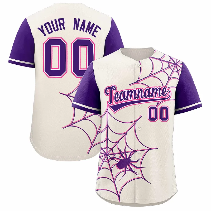 Baseball Jersey for Fan Gear for Game Day-Custom Cream Purple Spider Web Pattern Raglan Sleeves Authentic Baseball Jersey