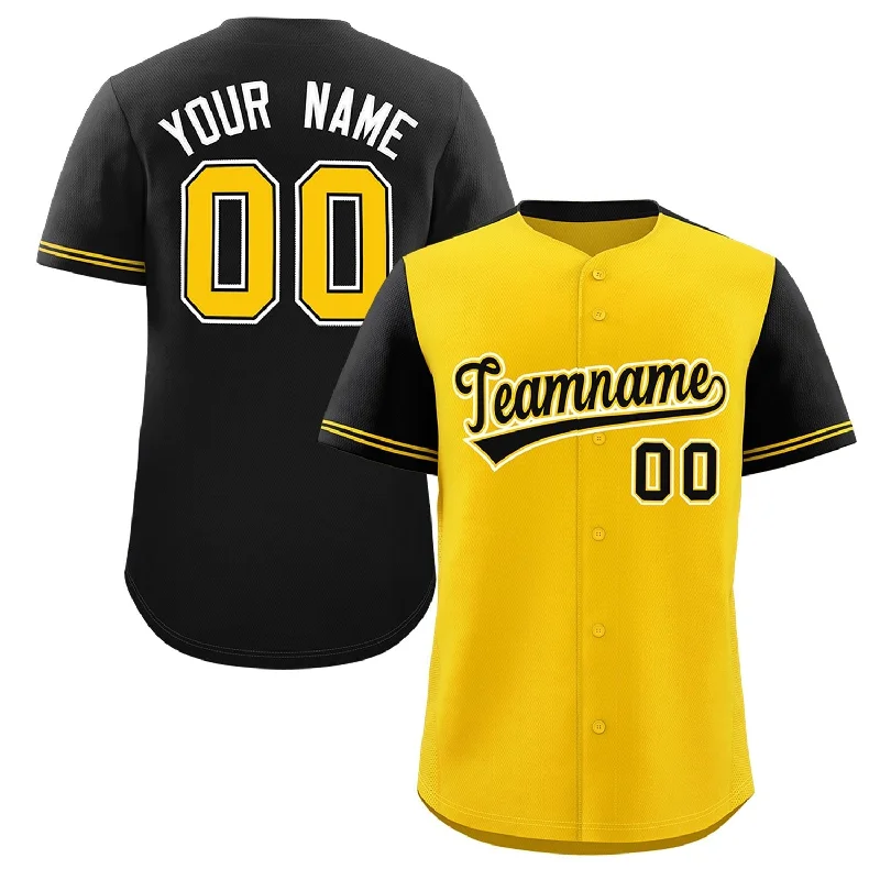 Baseball Jersey for Special Edition Jerseys-Custom Gold Black Color Block Personalized Raglan Sleeves Authentic Baseball Jersey