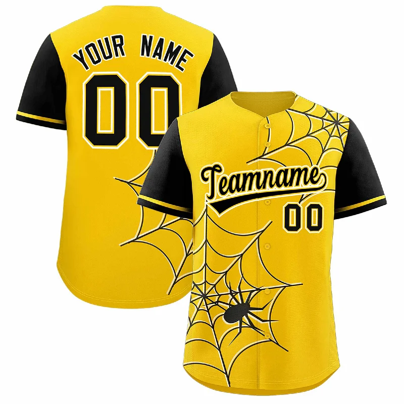 Baseball Jersey for Fun Baseball Tournaments-Custom Gold Black Spider Web Pattern Raglan Sleeves Authentic Baseball Jersey