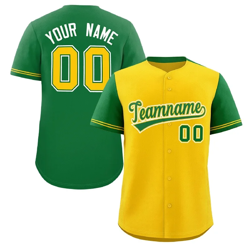 Baseball Jersey for Exclusive Team Jerseys for Fans-Custom Gold Kelly Green Color Block Personalized Raglan Sleeves Authentic Baseball Jersey