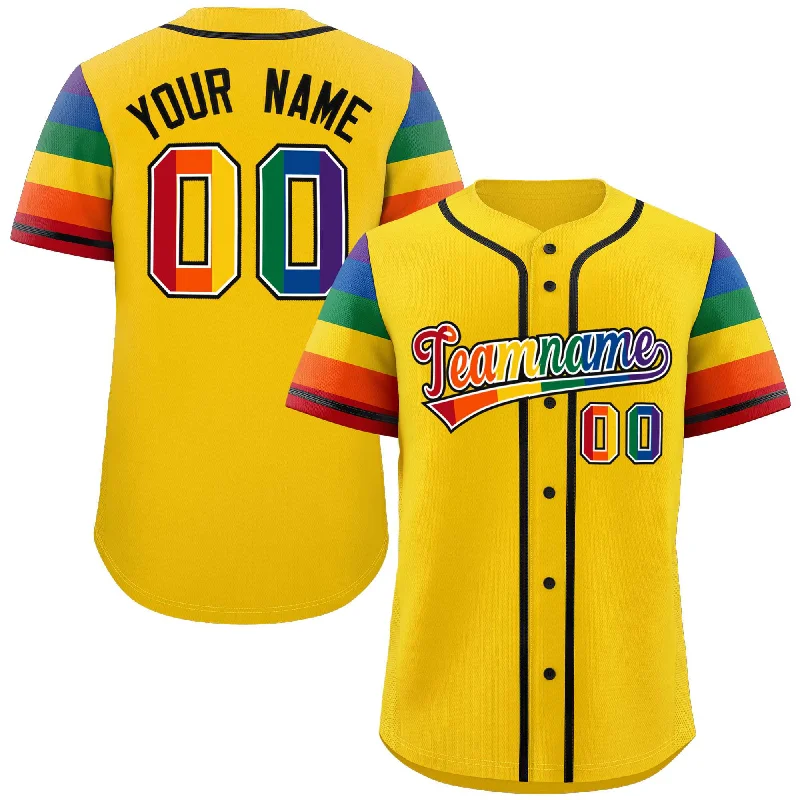 Baseball Jersey for Tournament Apparel-Custom Gold LGBT Rainbow For Pride Month Raglan Sleeves Authentic Baseball Jersey