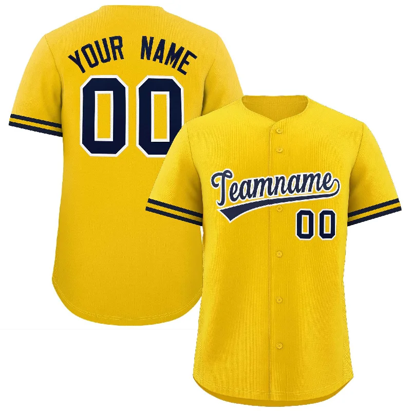 Baseball Jersey for Baseball Player Apparel for Schools-Custom Gold Navy Full Button Design Authentic Baseball Jersey