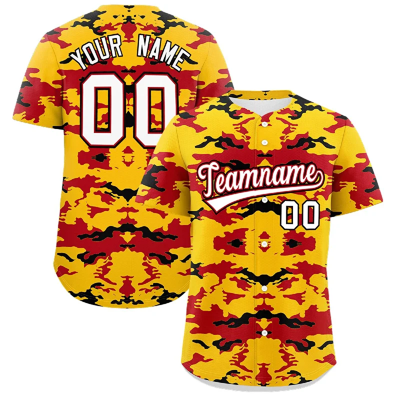 Baseball Jersey for Baseball Players and Fans-Custom Gold Red-Black Personalized Camo Design Authentic Baseball Jersey