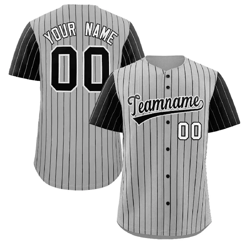 Baseball Jersey for Fan Gear for Baseball Games-Custom Gray Black-White Stripe Fashion Raglan Sleeves Authentic Baseball Jersey