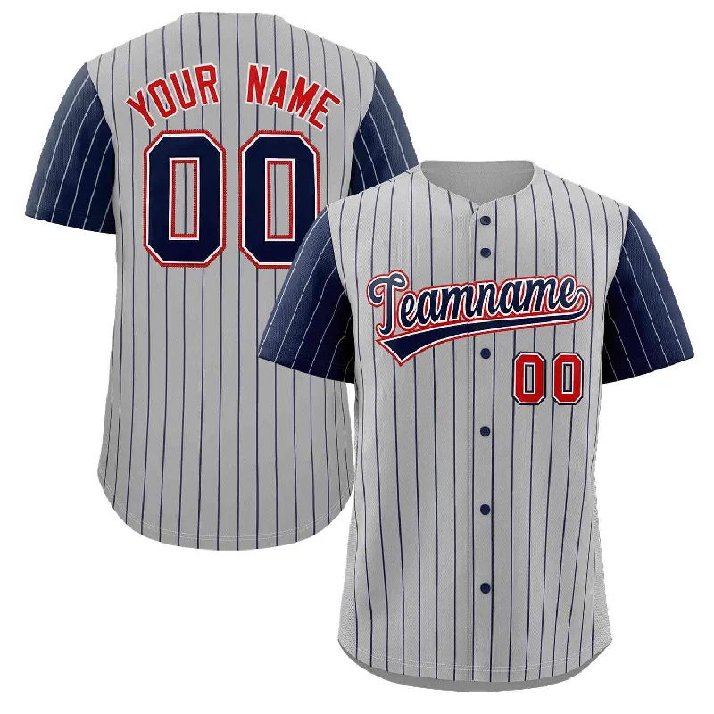 Baseball Jersey for Women’s Baseball-Custom Gray Navy-White Stripe Fashion Raglan Sleeves Authentic Baseball Jersey