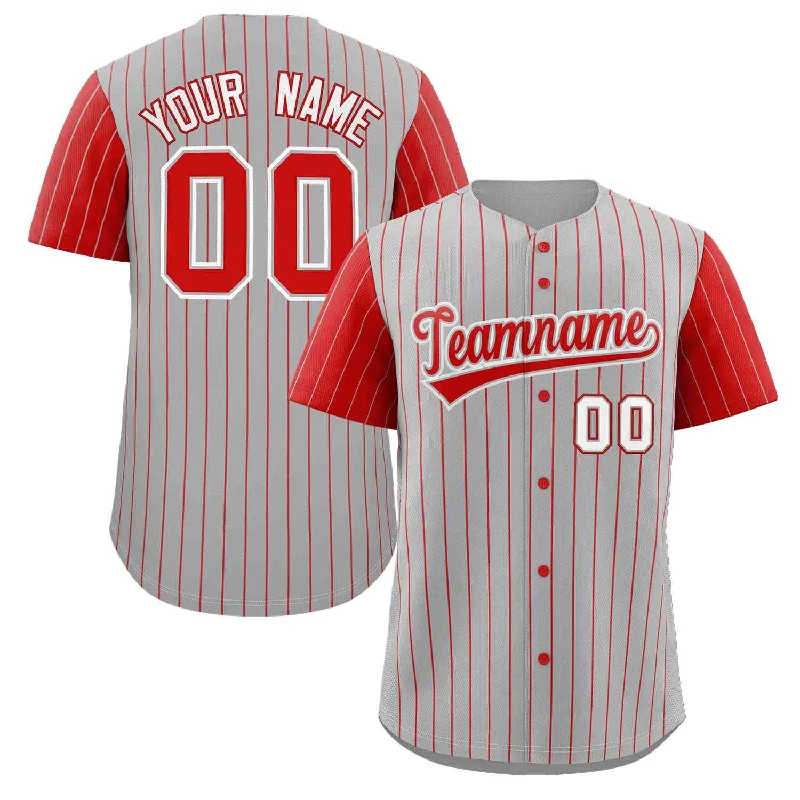 Baseball Jersey for Baseball Jerseys for Competitions-Custom Gray Red-White Stripe Fashion Raglan Sleeves Authentic Baseball Jersey