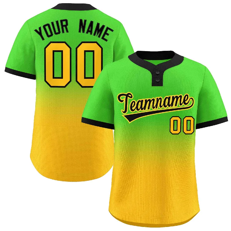 Baseball Jersey for Baseball Supporter Merchandise-Custom Neon Green Gold Black-Gold Gradient Fashion Authentic Two-Button Baseball Jersey