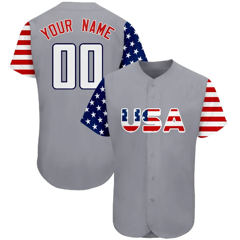 Baseball Jersey for Sports Apparel for All Ages-Custom Grey White-Navy American Flag Authentic Baseball Jersey