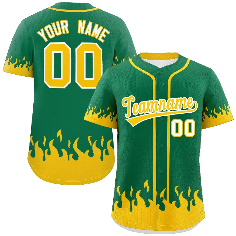 Baseball Jersey for Official League Merchandise-Custom Kelly Green Gold Personalized Flame Graffiti Pattern Authentic Baseball Jersey