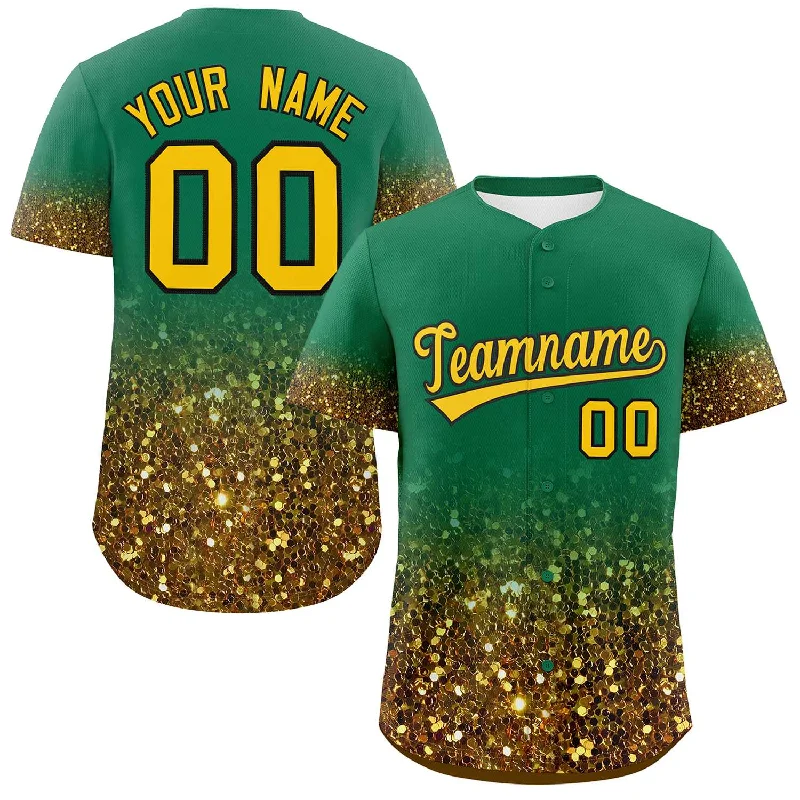 Baseball Jersey for Player Recognition-Custom Kelly Green Gold Sequins Pattern Gradient Fashion Authentic Baseball Jersey