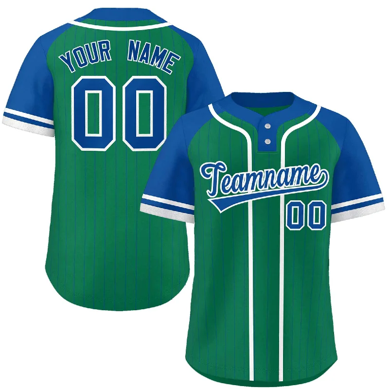 Baseball Jersey for Fun Baseball Tournaments-Custom Kelly Green Royal-White Stripe Fashion Raglan Sleeves Authentic Two-Button Baseball Jersey