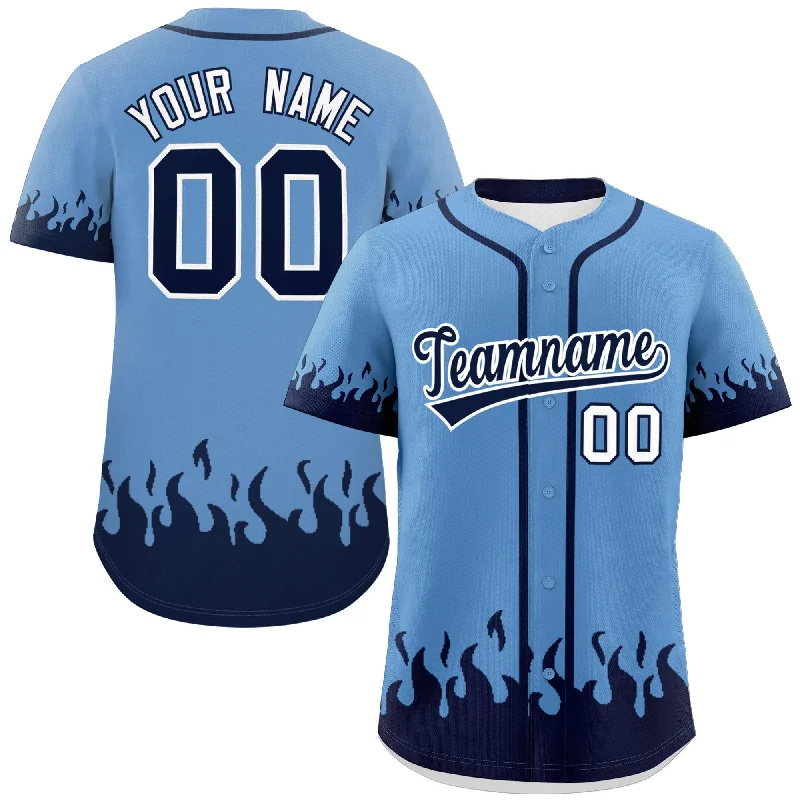 Baseball Jersey for Game Day-Custom Light Blue Navy Personalized Flame Graffiti Pattern Authentic Baseball Jersey