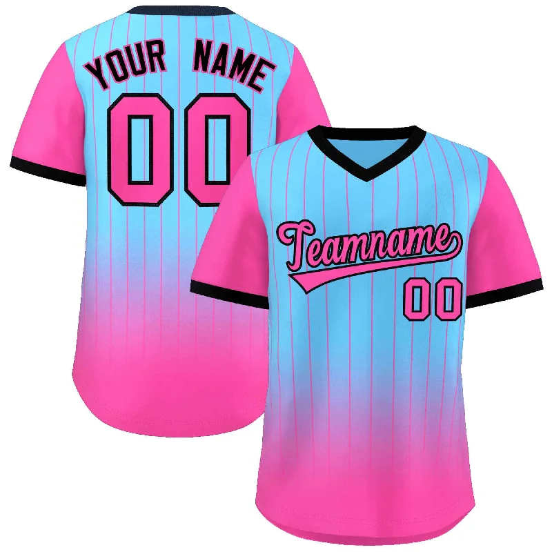 Baseball Jersey for Personalized Player Names-Custom Light Blue Pink-Black Gradient Fashion Authentic Pullover Pinstripe Baseball Jersey